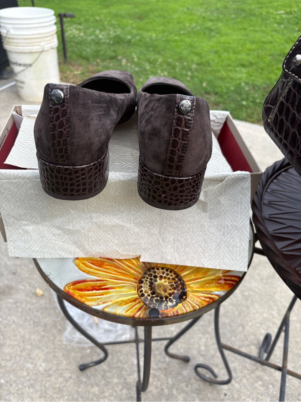Donald J. Pliner Dark Brown Suede Square-Toe Flats With Croc Embossed Heels - Picture 4 of 6